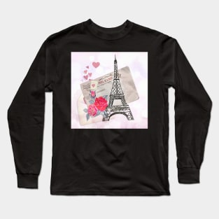 Paris Eiffel Tower Heart & Rose Pattern Cute Cards, Stickers & Gifts Long Sleeve T-Shirt